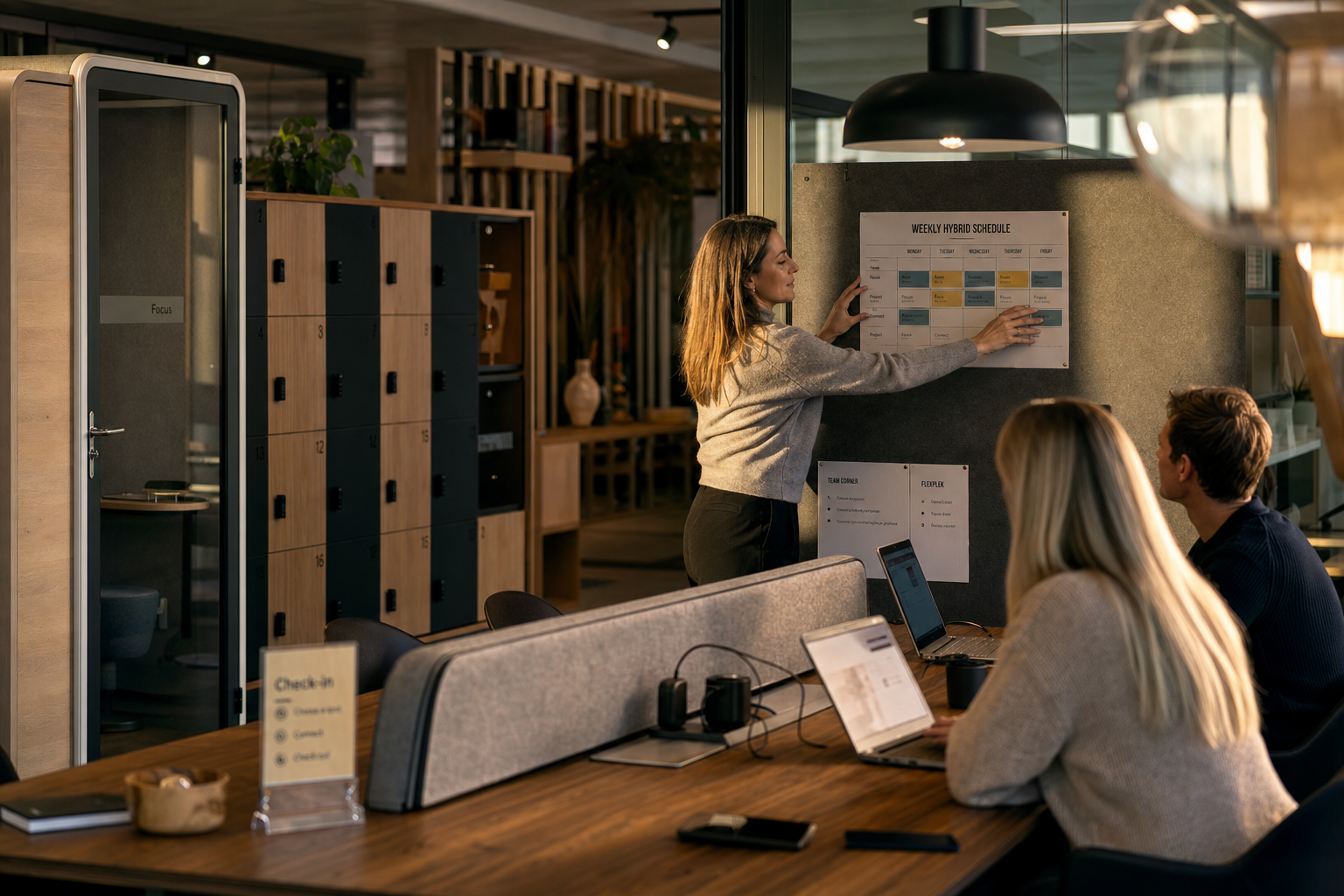 Kantoorinrichting met flexibele werkstations en samenwerking